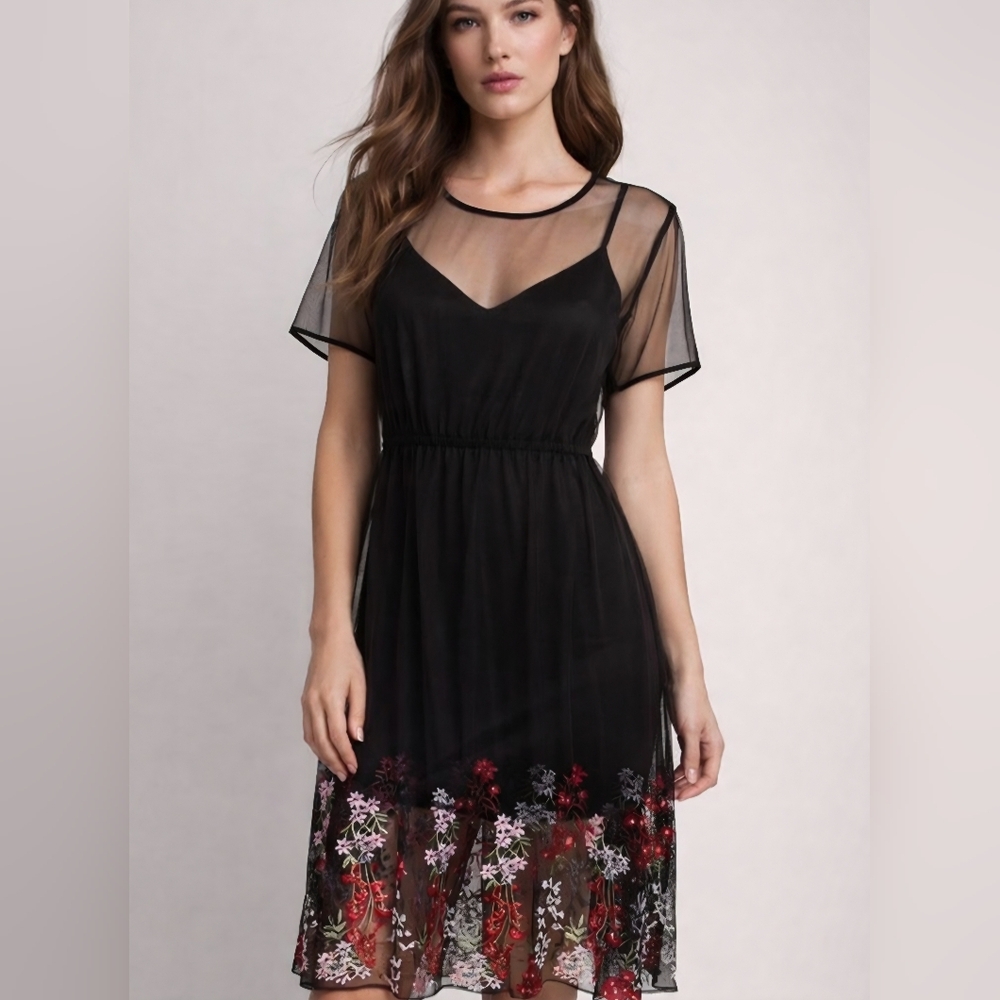 FOREVER 21 PLUS Size 2X Black Sheer Mesh Red Pink Floral Embroidery Over Dress
